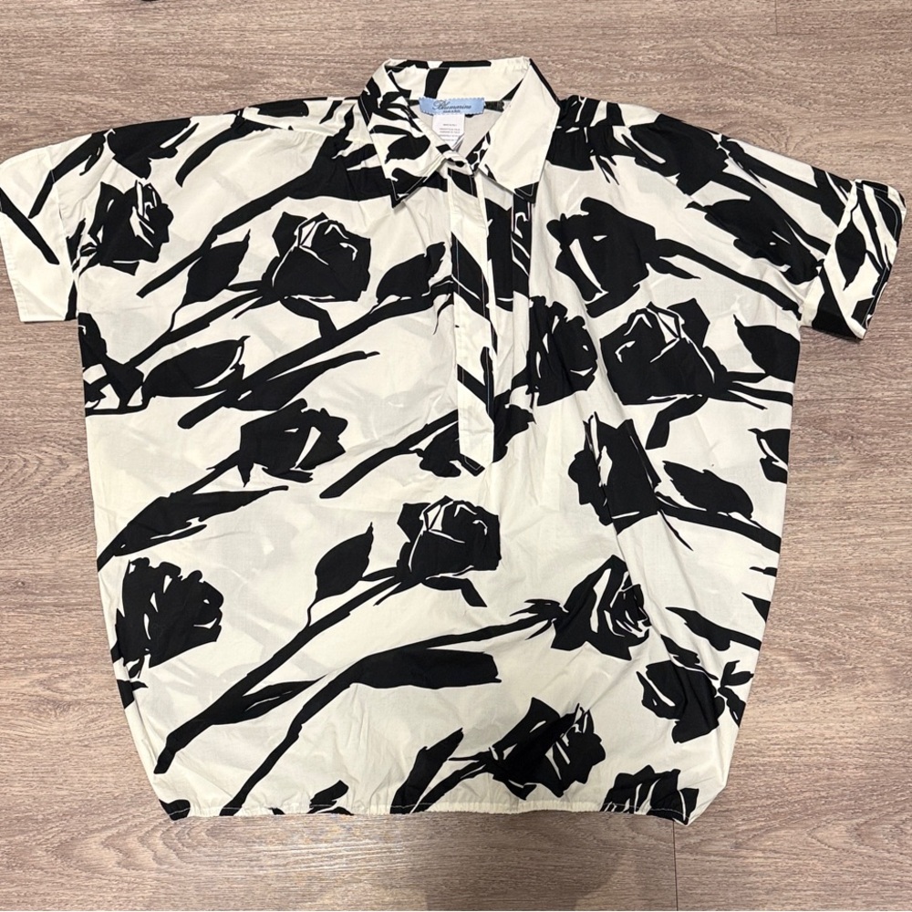 Blumarine Women's White Short Sleeve Top with Black Floral Designs